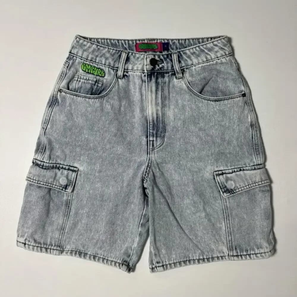 Empyre Tori Loose Fit Denim Cargo Shorts Acid Wash Skater Baggy Jorts Size 4